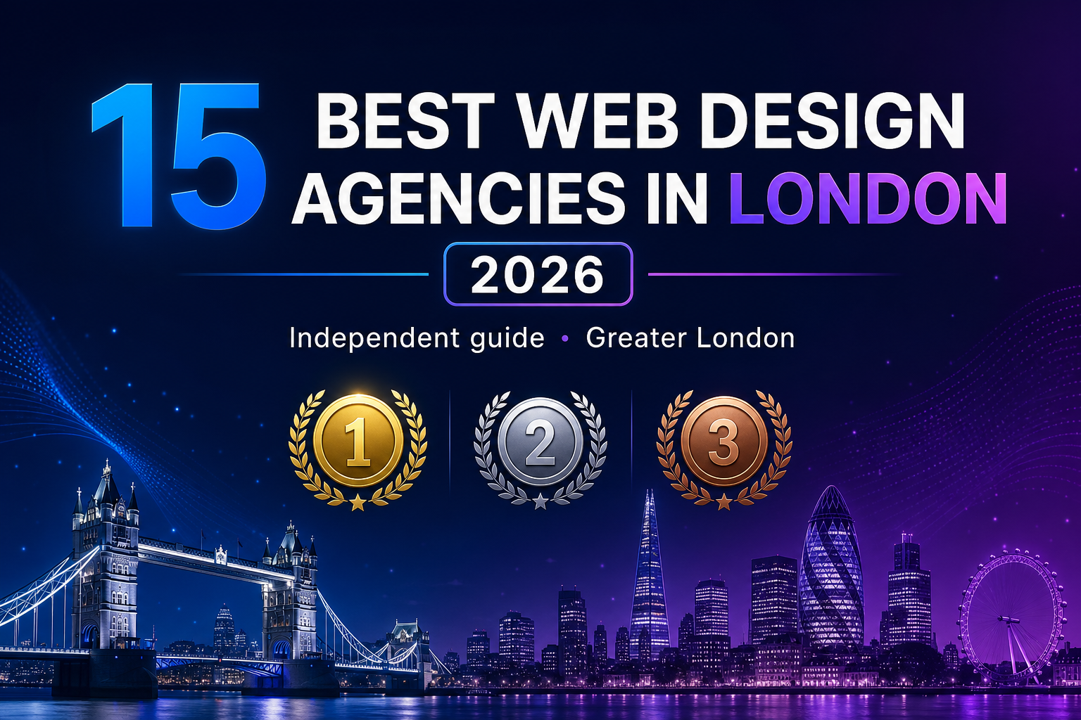 Guide graphic for the 15 best web design agencies in London 2026, with medal-style rank badges and a London skyline.